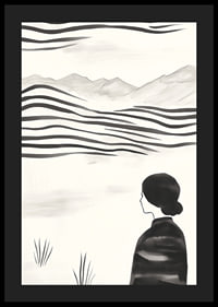A woman looks out over abstract landscape in black and white-4