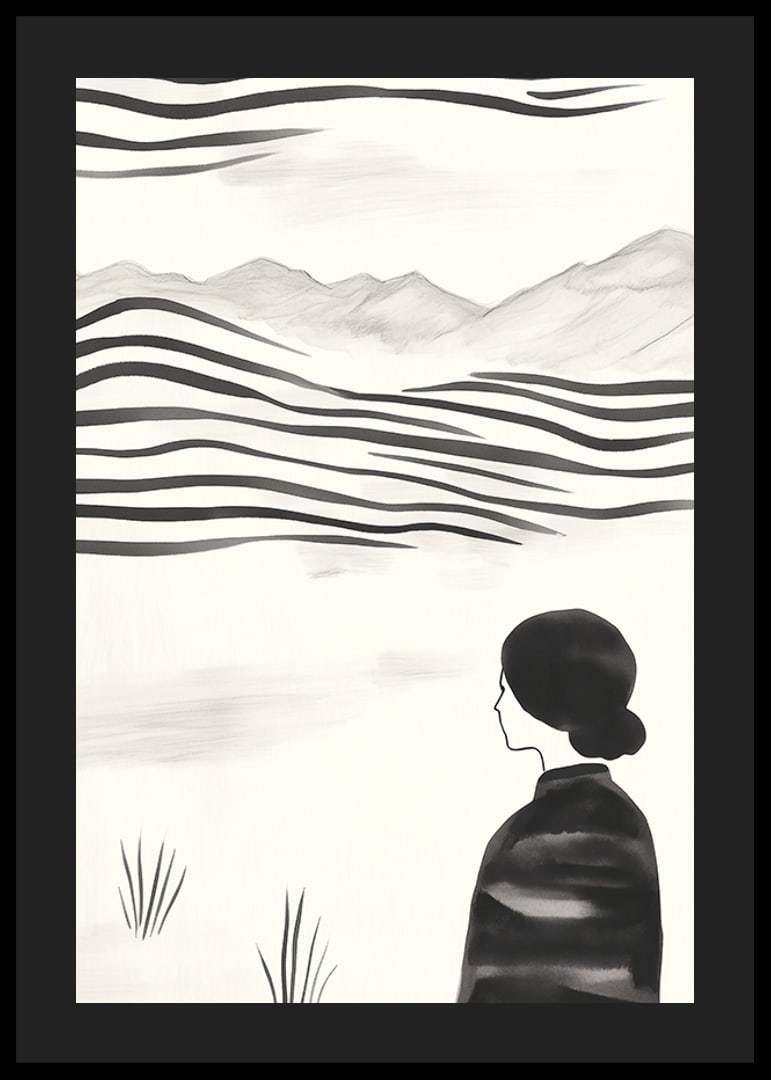 A woman looks out over abstract landscape in black and white-12