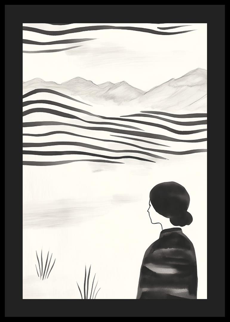 O femeie priveste peisajul abstract alb-negru-12
