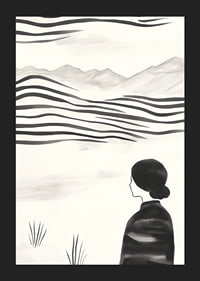 A woman looks out over abstract landscape in black and white-5