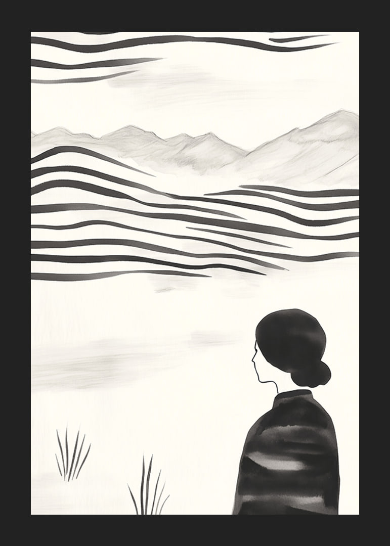 A woman looks out over abstract landscape in black and white-12
