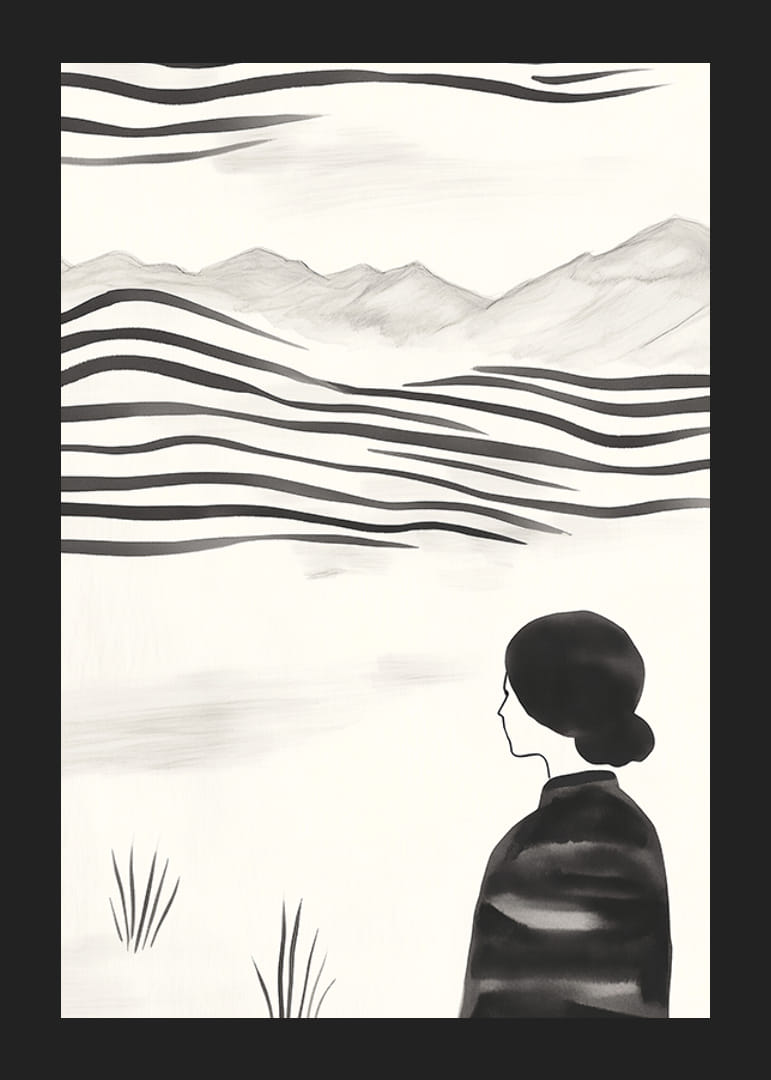 O femeie priveste peisajul abstract alb-negru-12