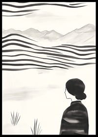 A woman looks out over abstract landscape in black and white-6