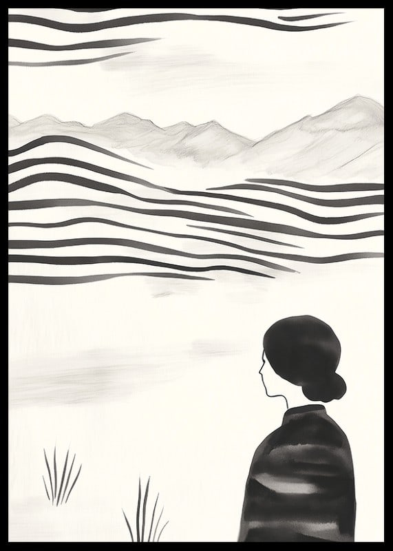A woman looks out over abstract landscape in black and white-12
