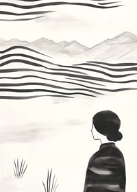 A woman looks out over abstract landscape in black and white-7