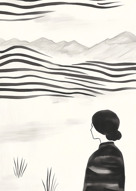 A woman looks out over abstract landscape in black and white-12