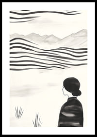 A woman looks out over abstract landscape in black and white-0