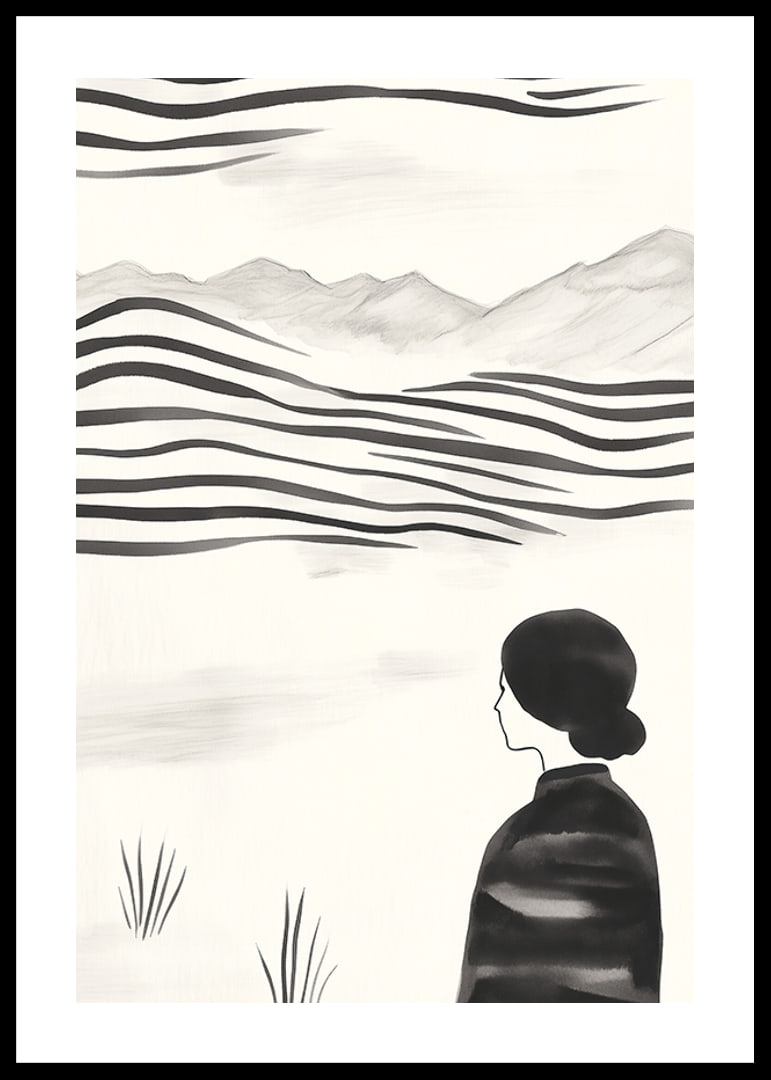 A woman looks out over abstract landscape in black and white-12