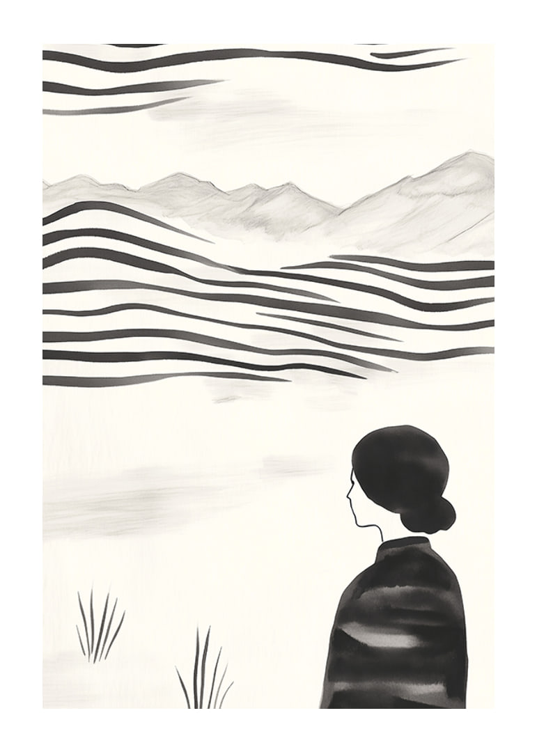 A woman looks out over abstract landscape in black and white-12