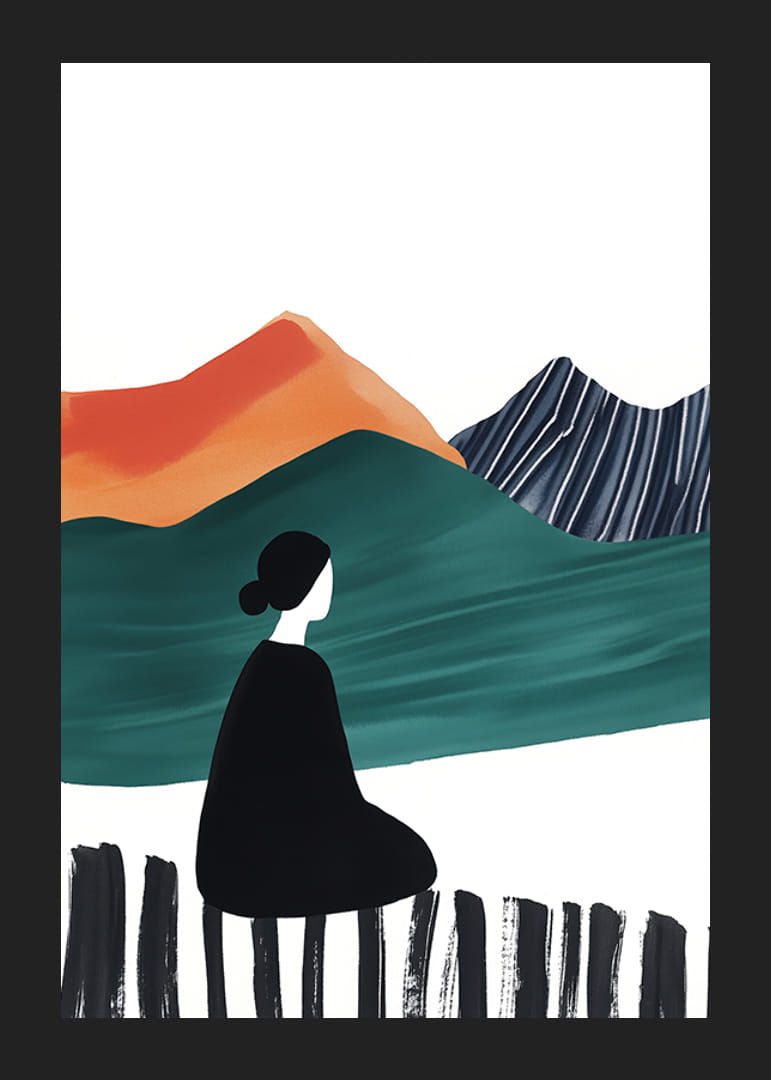 O figură singuratică lângă munți colorați și abstracti-12