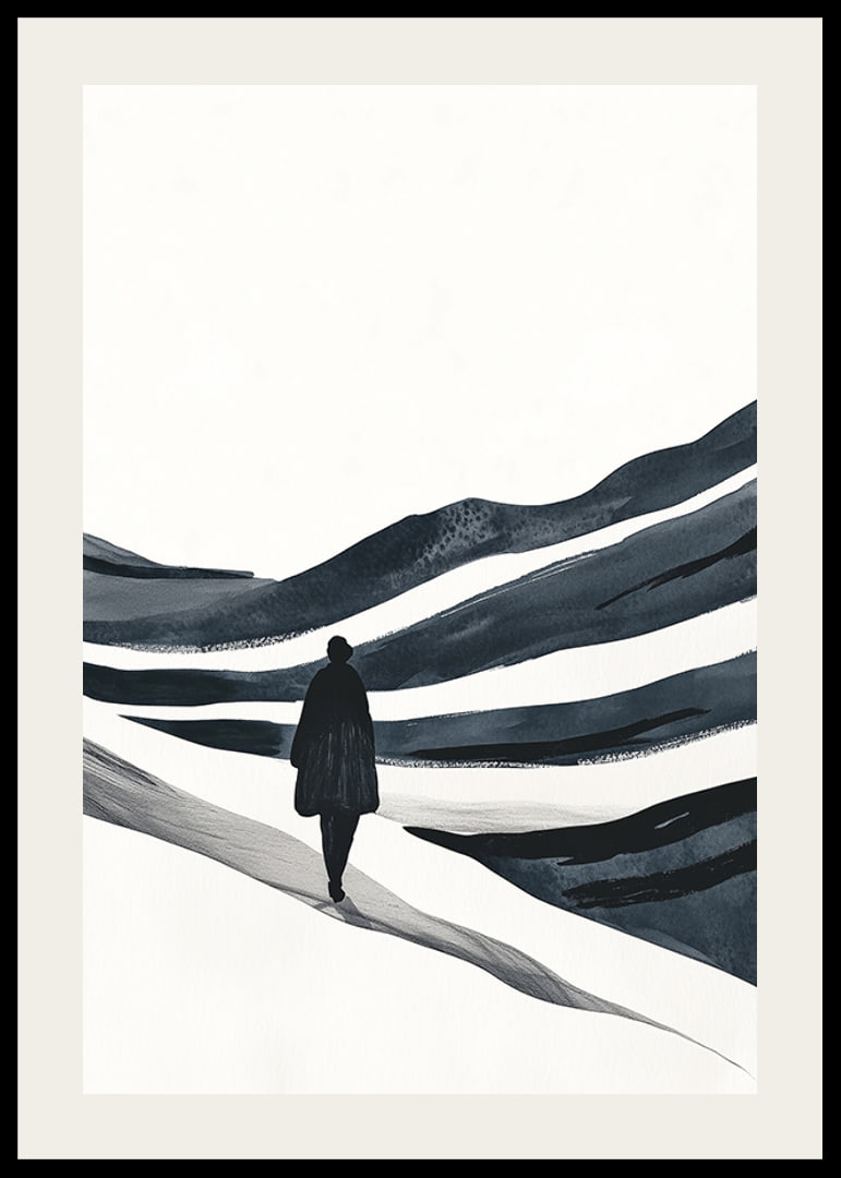 A lone hiker in a vast snowy landscape-12