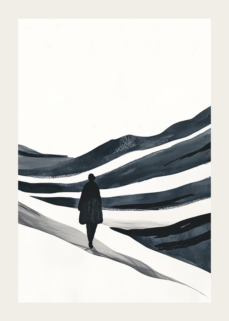 Ein einsamer Wanderer in einer weitläufigen Schneelandschaft-12