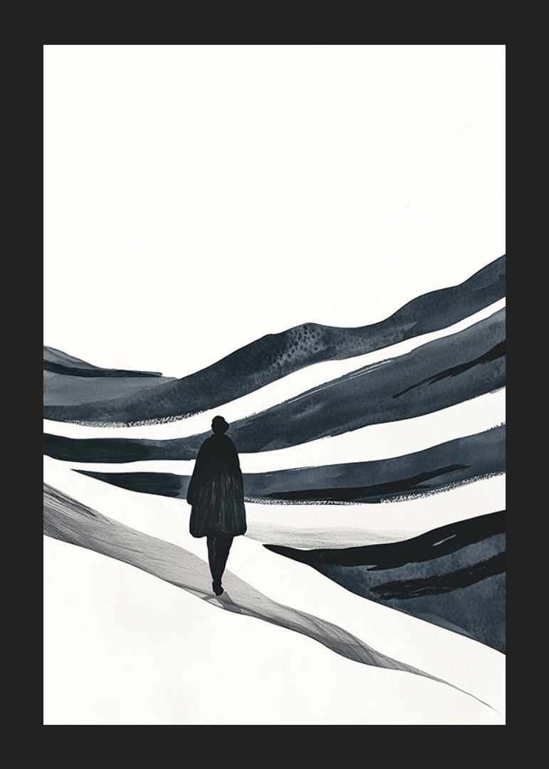 A lone hiker in a vast snowy landscape-12