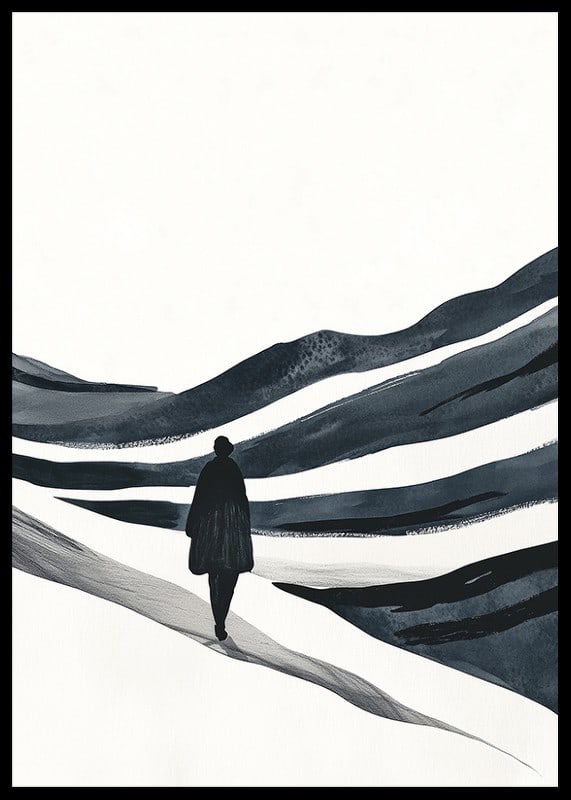A lone hiker in a vast snowy landscape-12