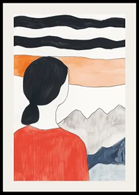 A dreamy view with mountains and a calm figure in red clothing-2
