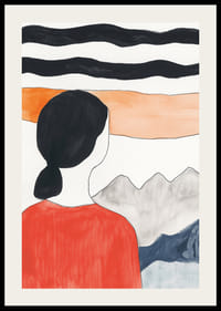 En drømmende utsikt med fjell og en rolig figur i røde klær-2