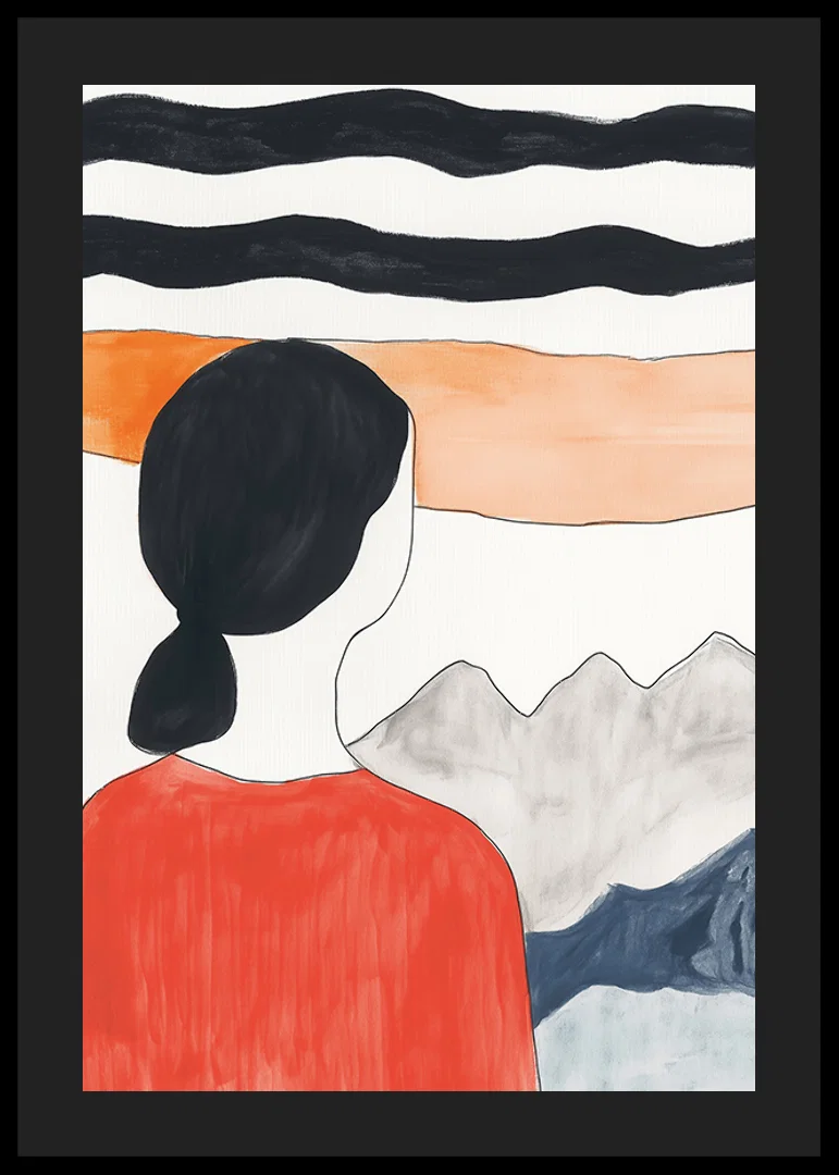 A dreamy view with mountains and a calm figure in red clothing-12