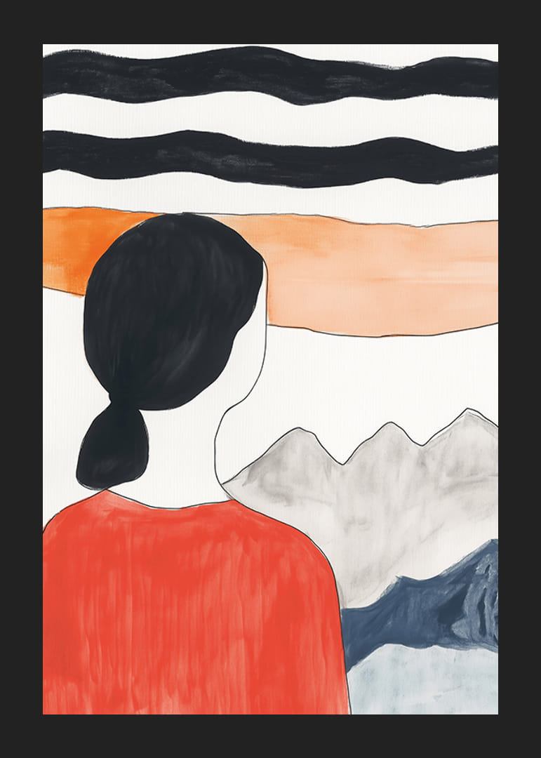 En drømmende utsikt med fjell og en rolig figur i røde klær-12