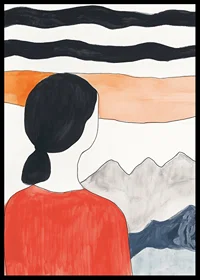 A dreamy view with mountains and a calm figure in red clothing-6