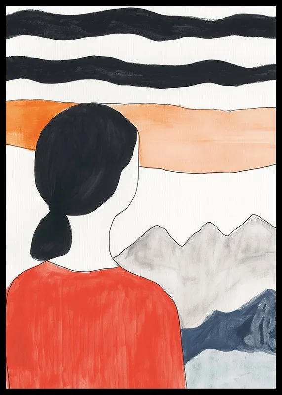 A dreamy view with mountains and a calm figure in red clothing-12