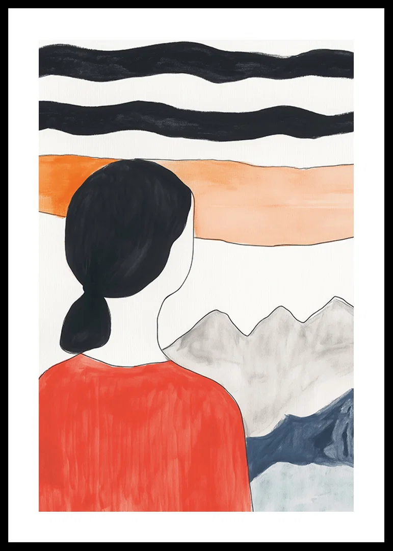 A dreamy view with mountains and a calm figure in red clothing-12
