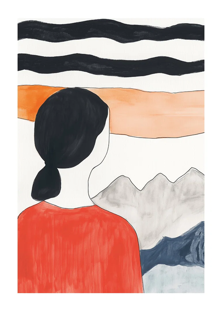 A dreamy view with mountains and a calm figure in red clothing-12