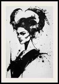 A dramatic portrait in black and white with horns and bold brushstrokes-2