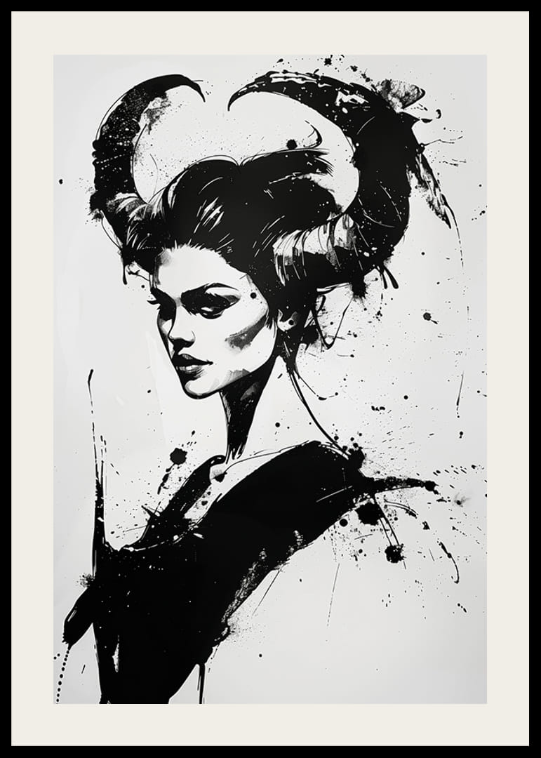 A dramatic portrait in black and white with horns and bold brushstrokes-12
