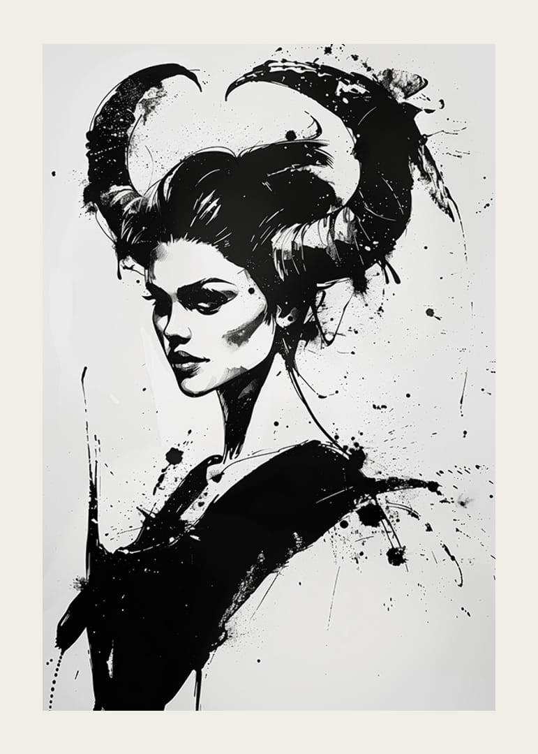 A dramatic portrait in black and white with horns and bold brushstrokes-12