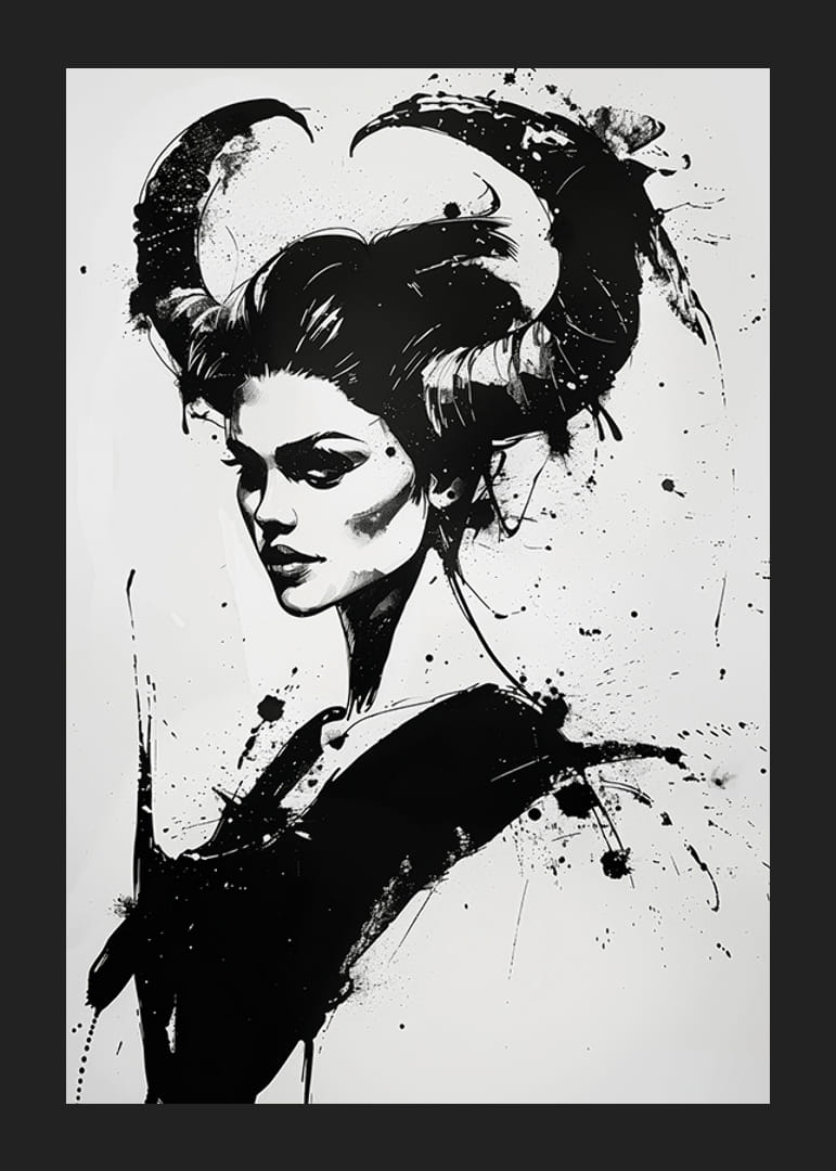 A dramatic portrait in black and white with horns and bold brushstrokes-12