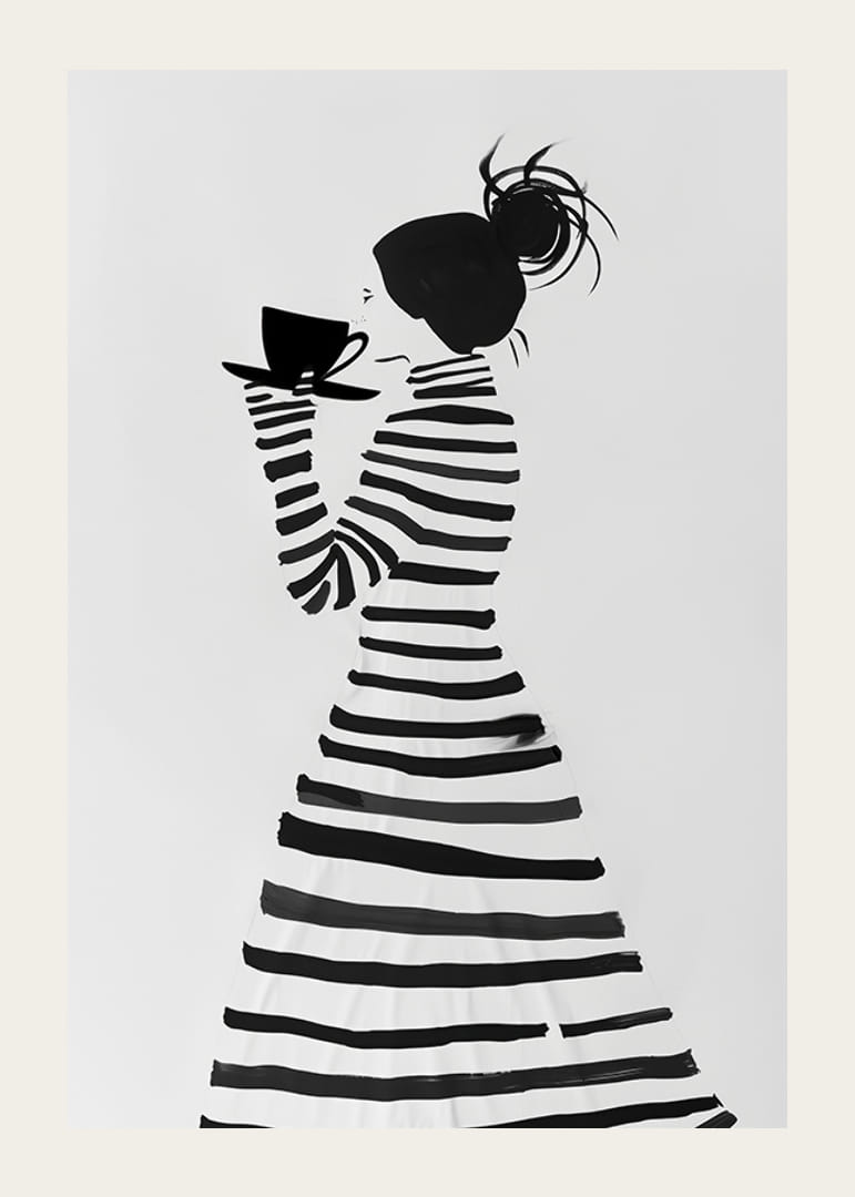Silhouette élégante en rayures dégustant une tasse de café-12