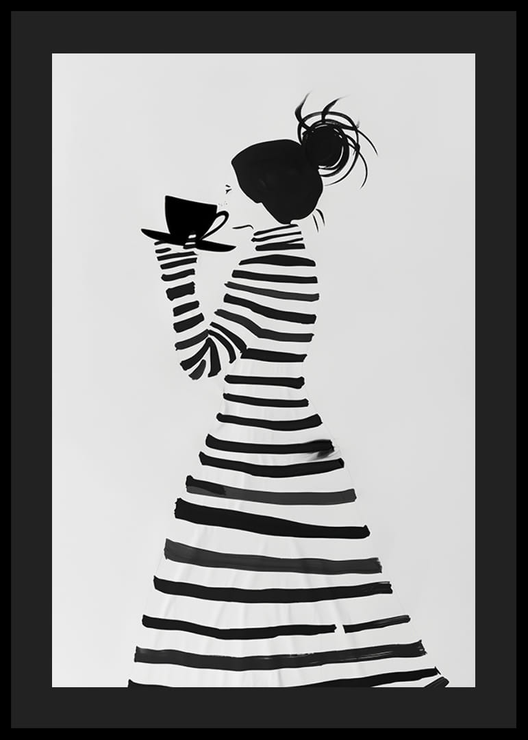 Silhouette élégante en rayures dégustant une tasse de café-12