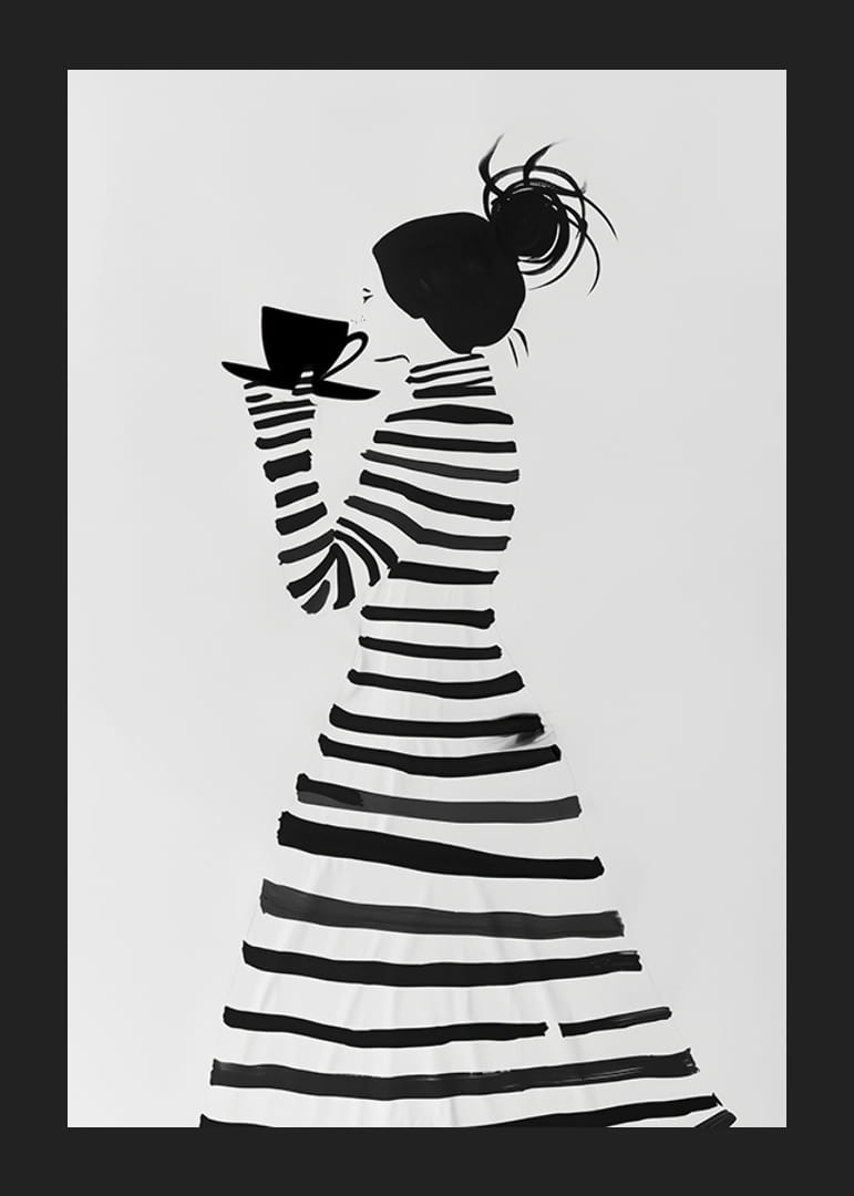 Silhouette élégante en rayures dégustant une tasse de café-12