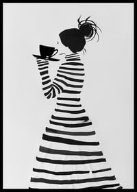 Elegant silhouet in gestreepte stijl, genietend van een kopje koffie-2