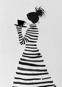 Elegant silhouet in gestreepte stijl, genietend van een kopje koffie-3