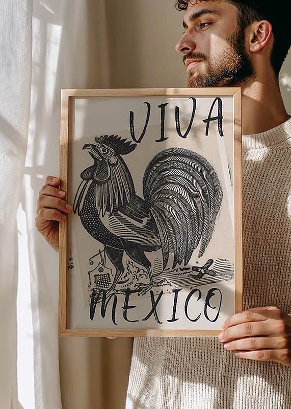 Un cocoș mândru cu textul „Viva Mexico” în stil vintage-12
