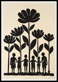 Silhouettes unite under large flowers, creating togetherness-0
