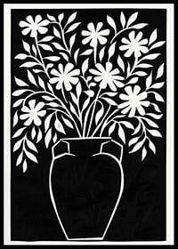 Un cartel en blanco y negro con hermosas flores en un jarrón.-0