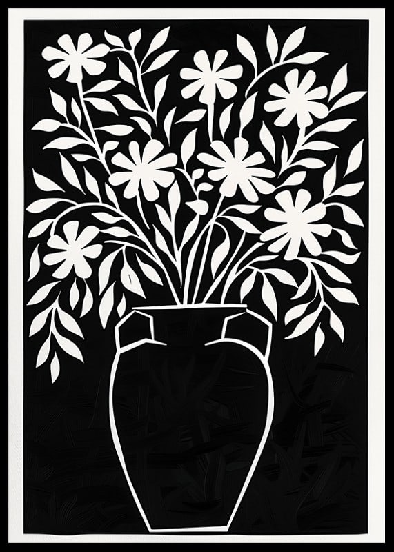Un cartel en blanco y negro con hermosas flores en un jarrón.-12