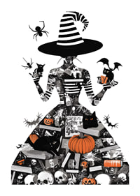 Mysterious witch surrounded by symbols of Halloween and magic-1