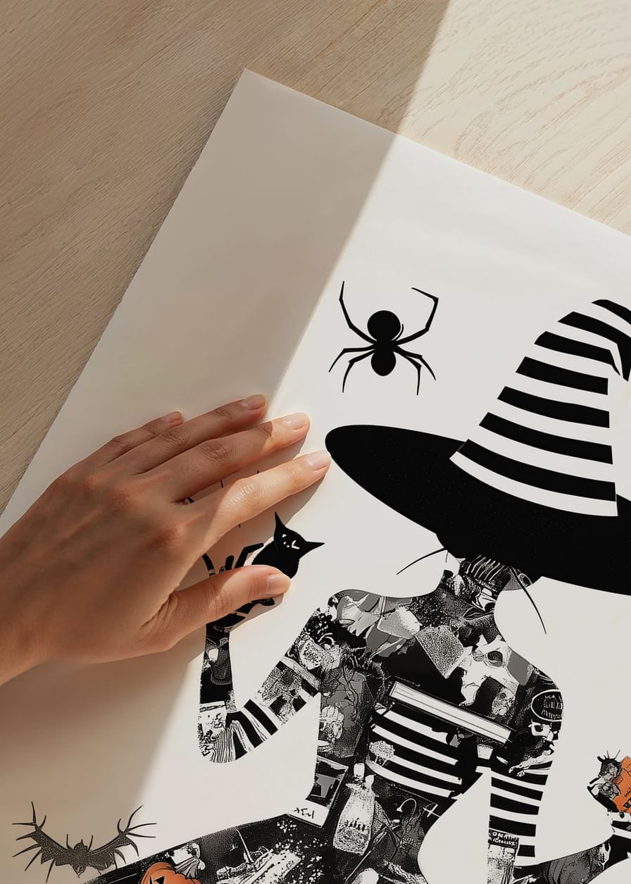 Vrăjitoare misterioasă înconjurată de simboluri de Halloween și magie-12