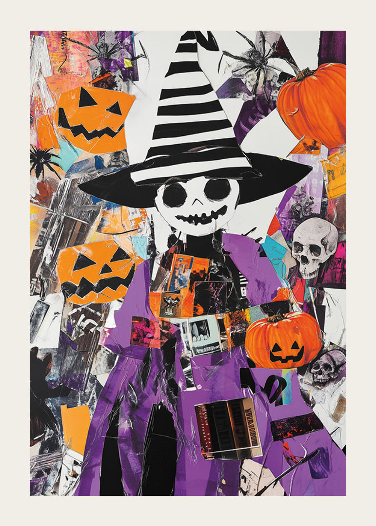 Värikäs Halloween-juliste kurpitsoilla ja noitahatulla-12