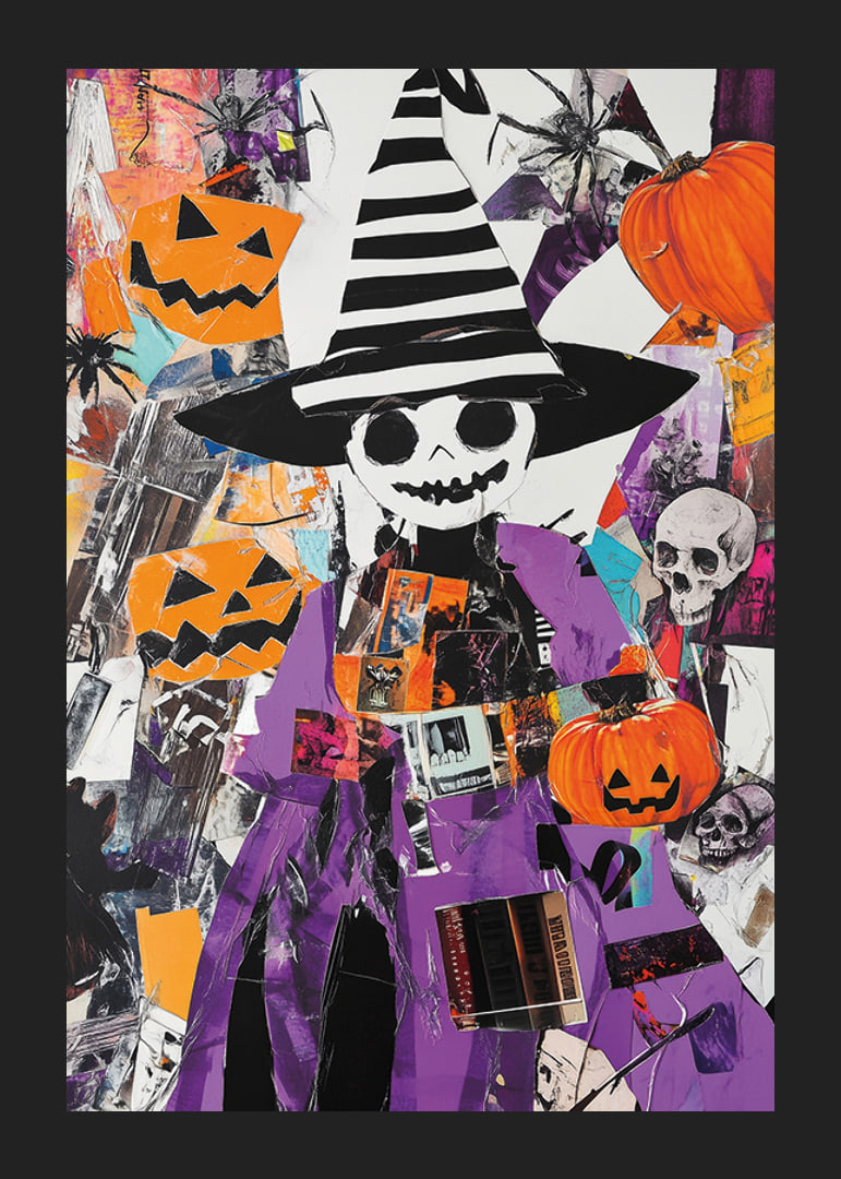 Värikäs Halloween-juliste kurpitsoilla ja noitahatulla-12