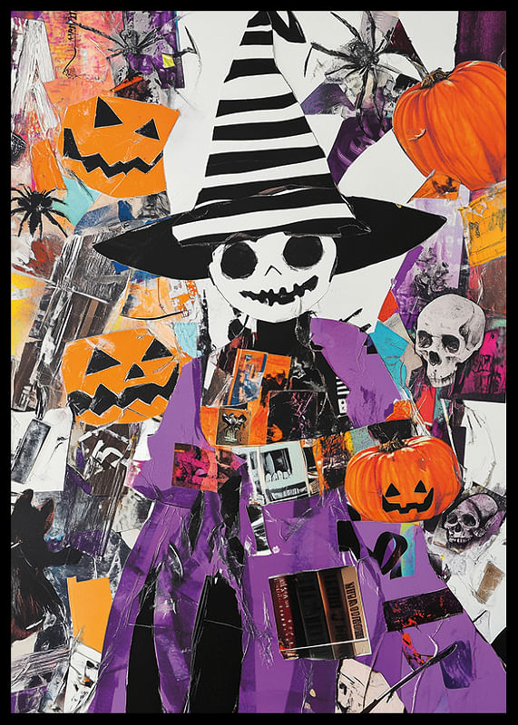 Poster colorat de Halloween cu dovleci și pălărie de vrăjitoare-12