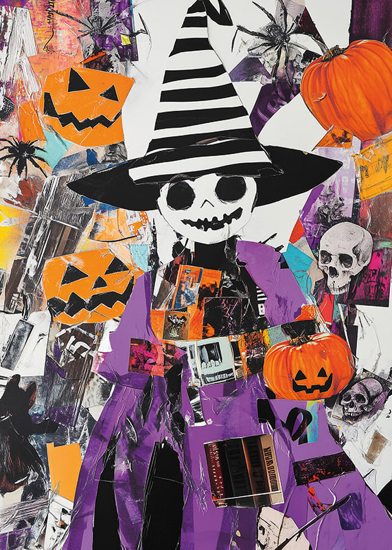 Värikäs Halloween-juliste kurpitsoilla ja noitahatulla-12