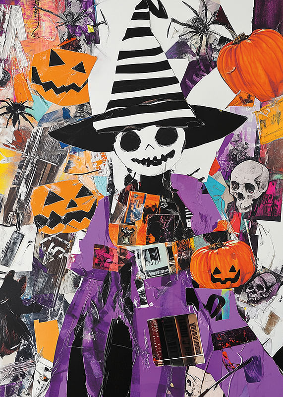Poster colorat de Halloween cu dovleci și pălărie de vrăjitoare-12