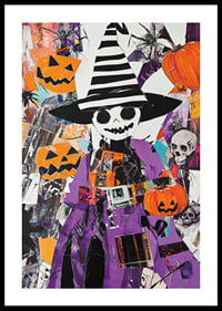 Värikäs Halloween-juliste kurpitsoilla ja noitahatulla-0