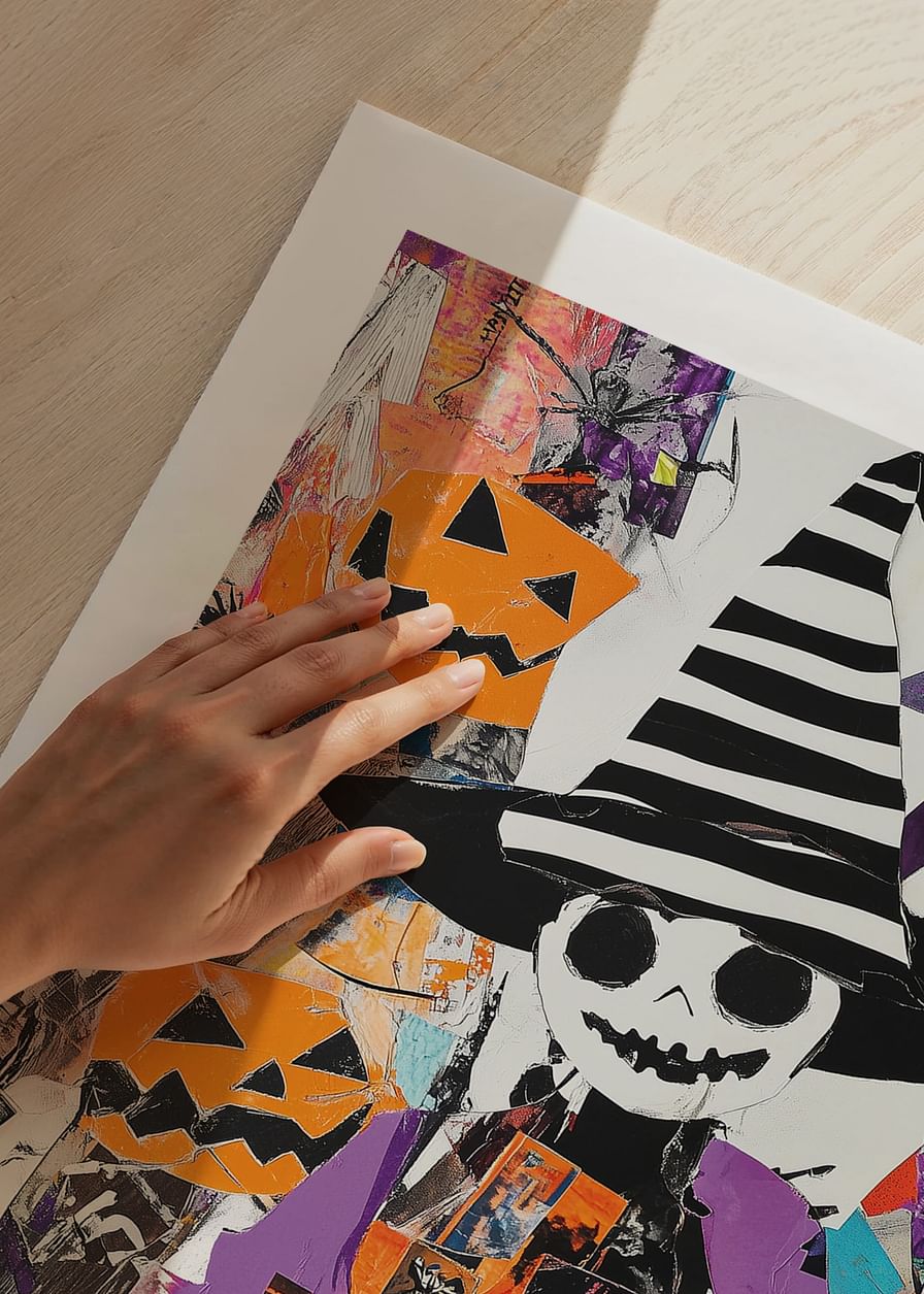 Poster colorat de Halloween cu dovleci și pălărie de vrăjitoare-12