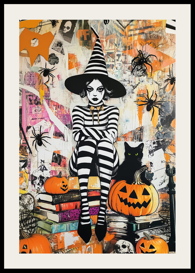 Mystisk häxa omgiven av pumpor och spindlar skapar Halloween-stämning-12