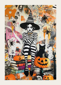 Mystisk häxa omgiven av pumpor och spindlar skapar Halloween-stämning-3